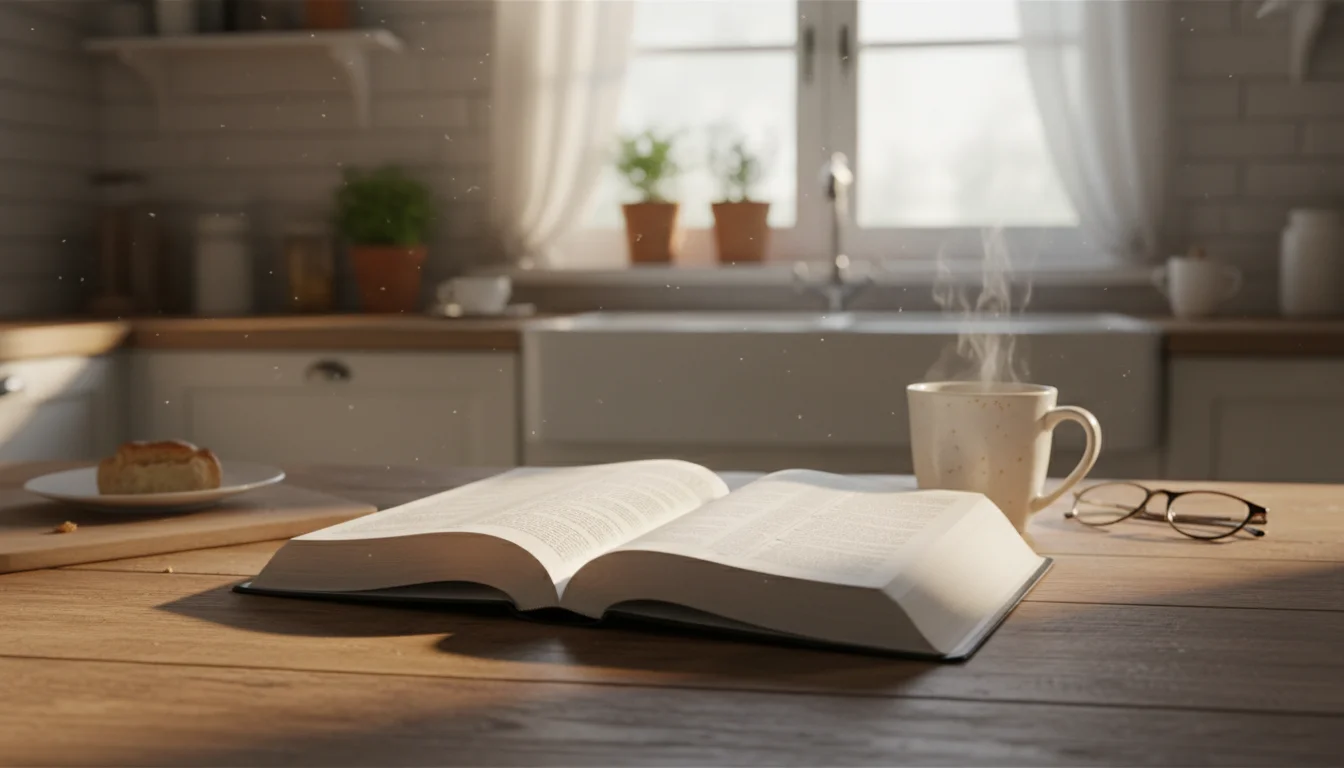 An open Bible and a warm mug on a sunlit kitchen table, inviting reflection.