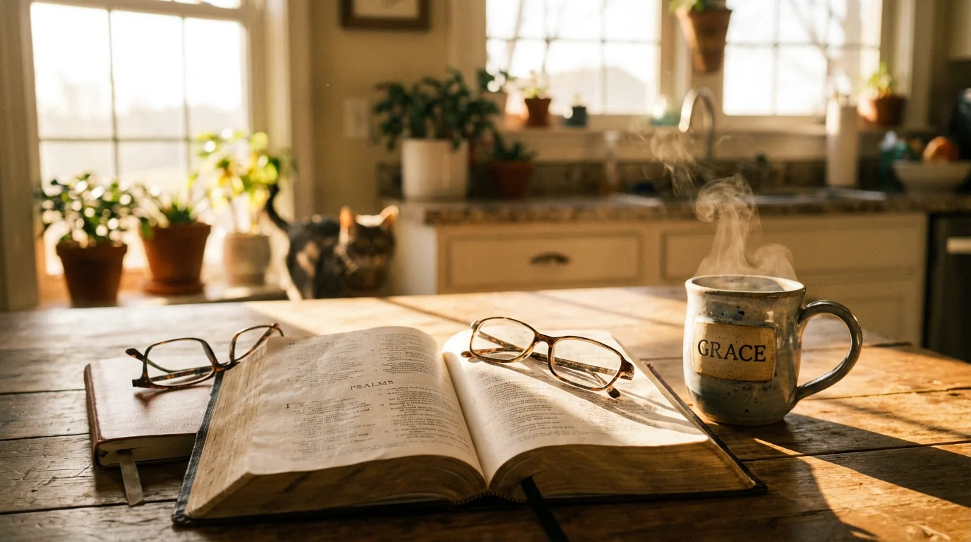 A morning scene with an open Bible and a warm mug on a kitchen table.