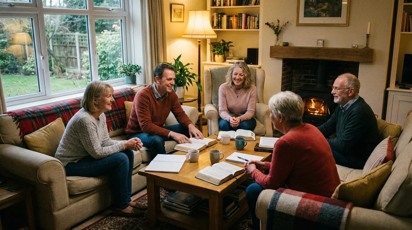 A small group gathers in a warm living room with open Bibles and gentle conversation.