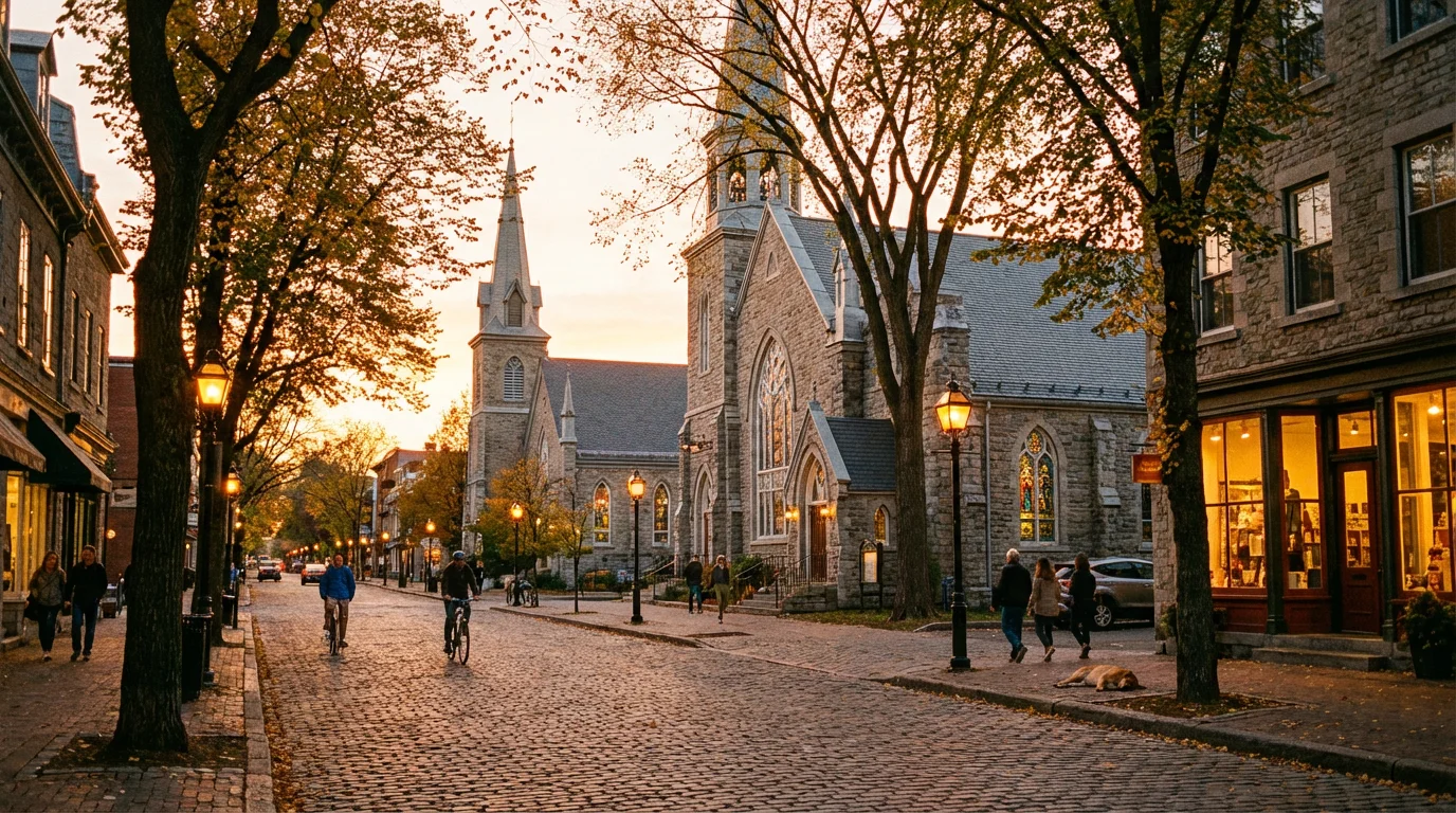 A peaceful town street with different churches under one sky.