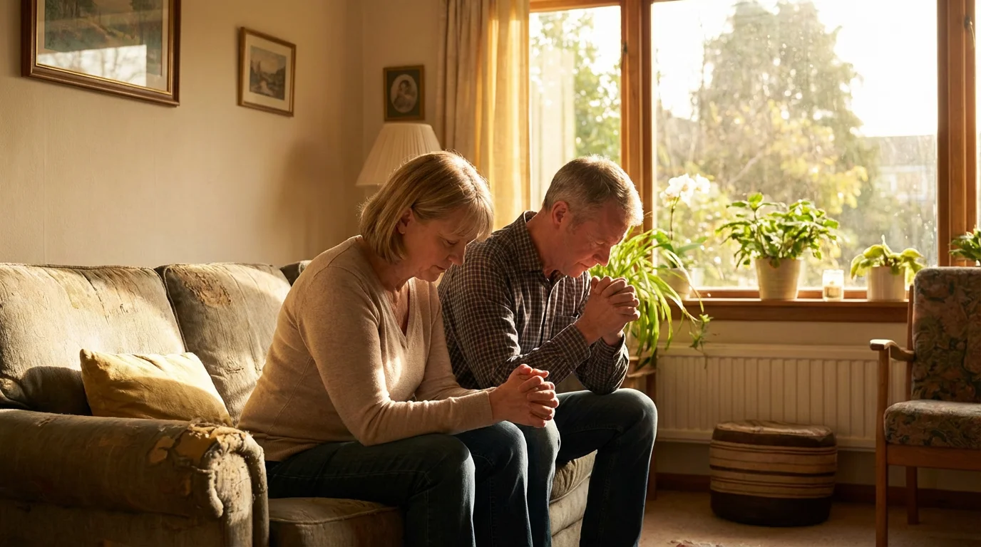 A couple holds hands and prays together in a sunlit living room.