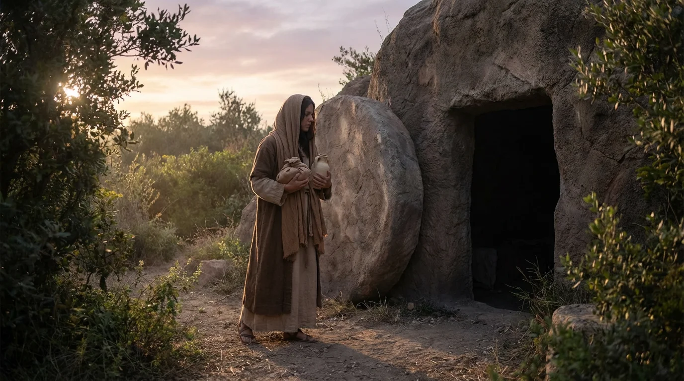 Mary Magdalene at dawn near the open tomb, carrying spices.