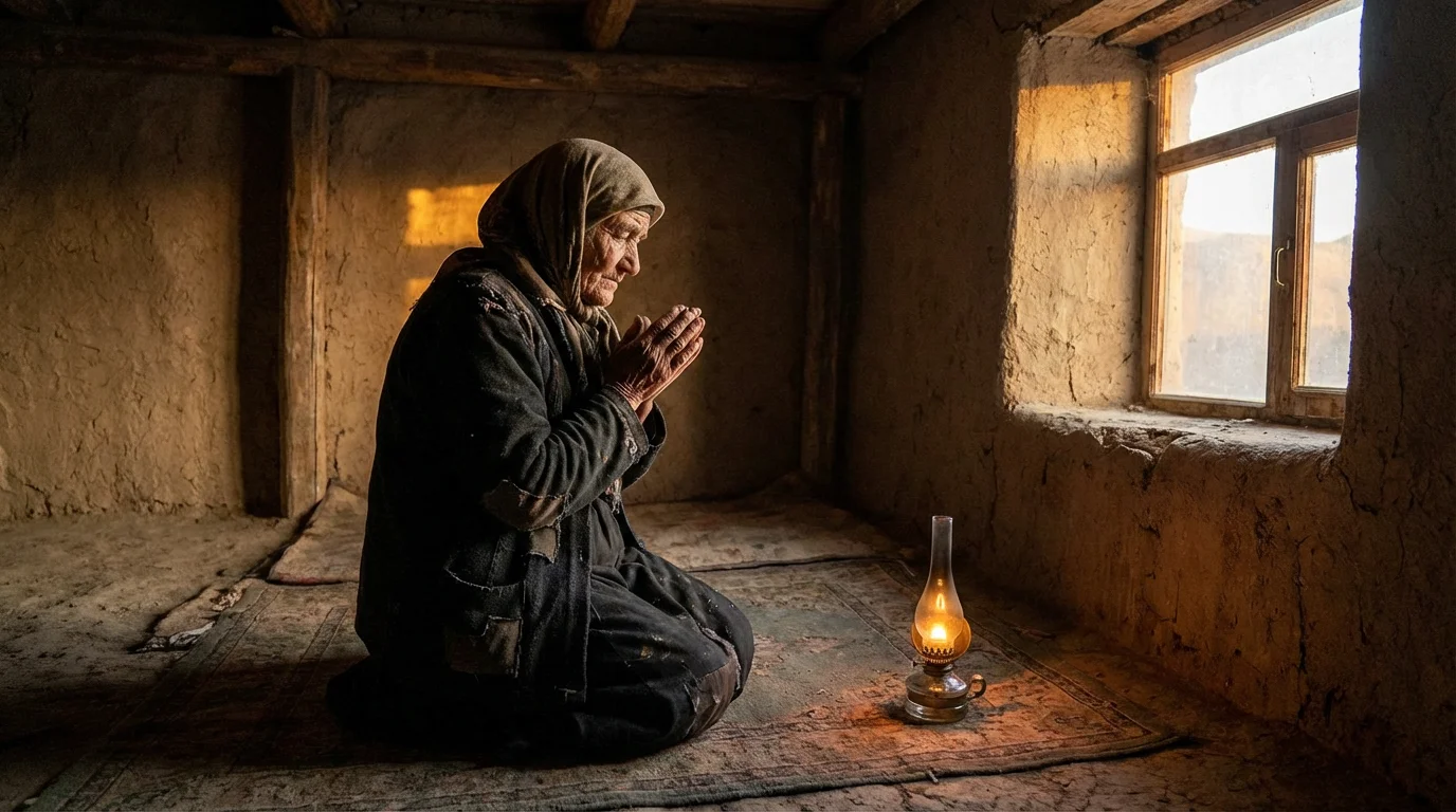 Mary in a humble room at dawn, hands open in prayerful trust.