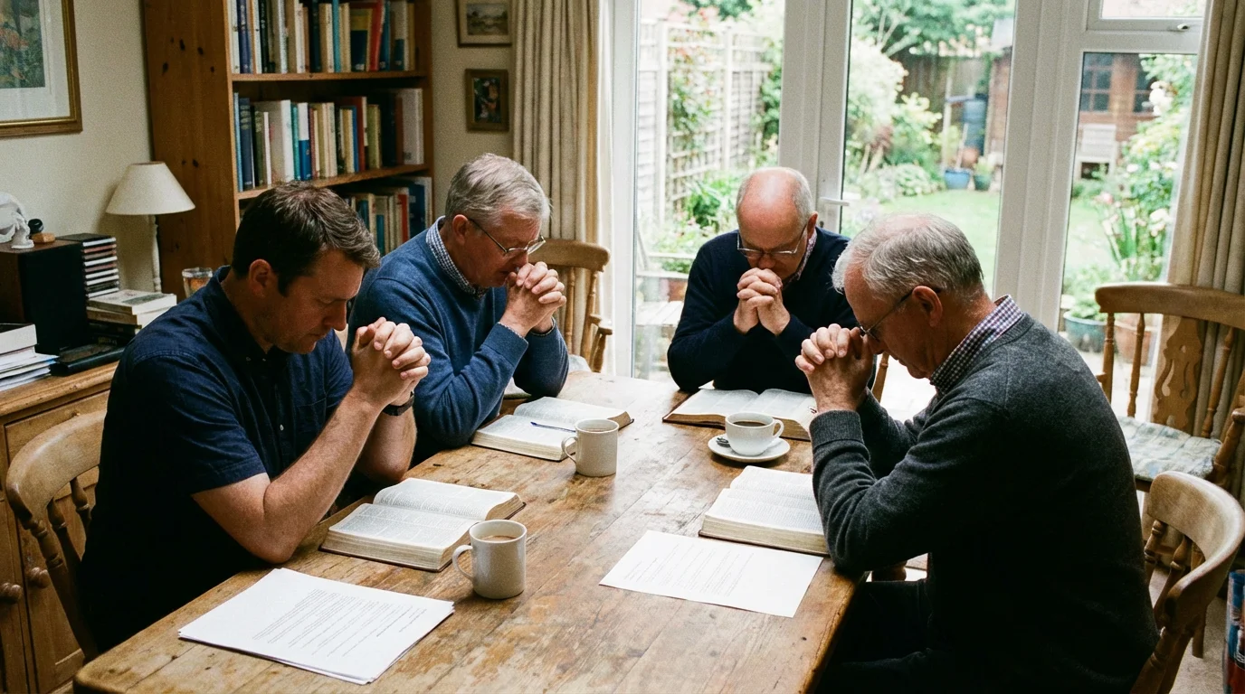 Four men gathered around a kitchen table with open Bibles, praying together.