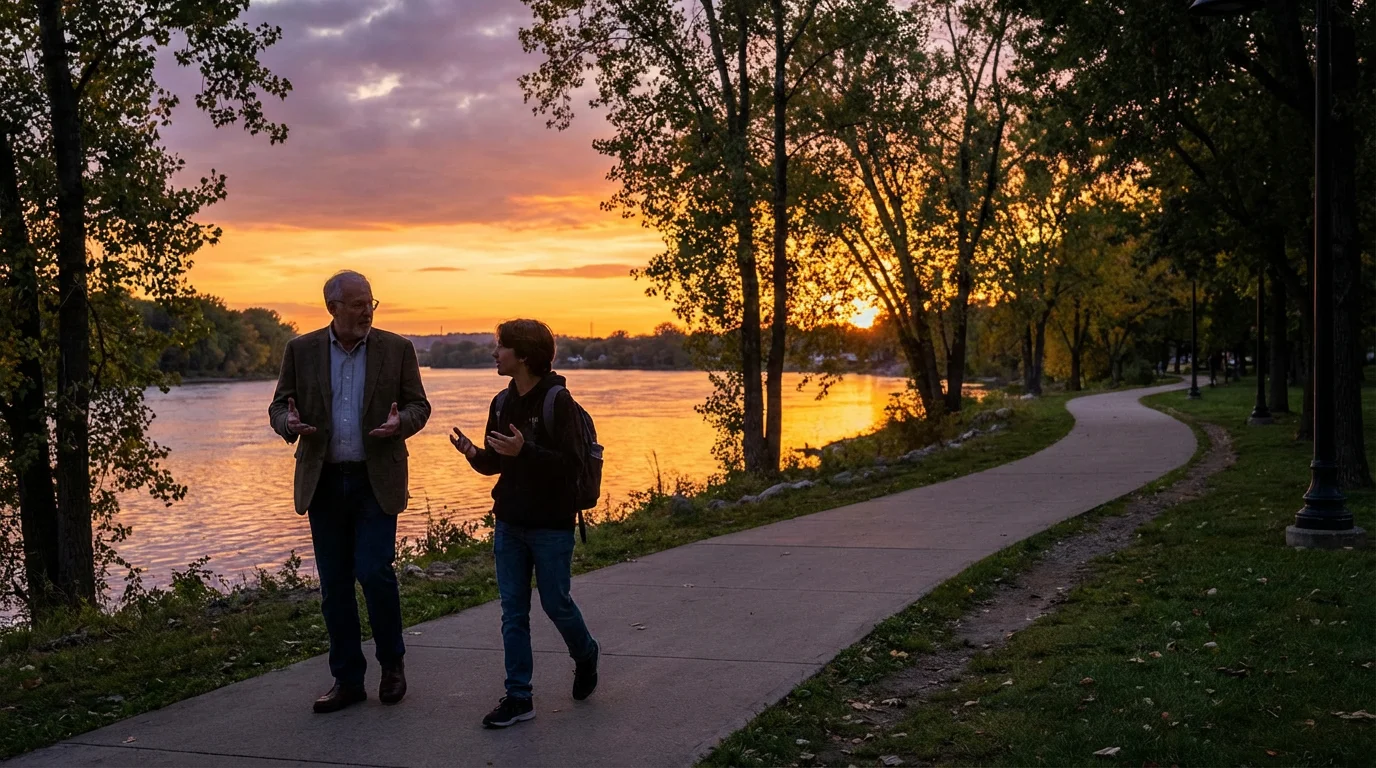 An older mentor walks with a younger friend at sunset near a river.