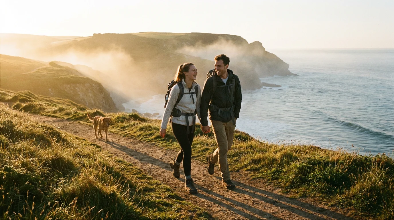 Two friends walk at sunrise, talking warmly on a quiet path.