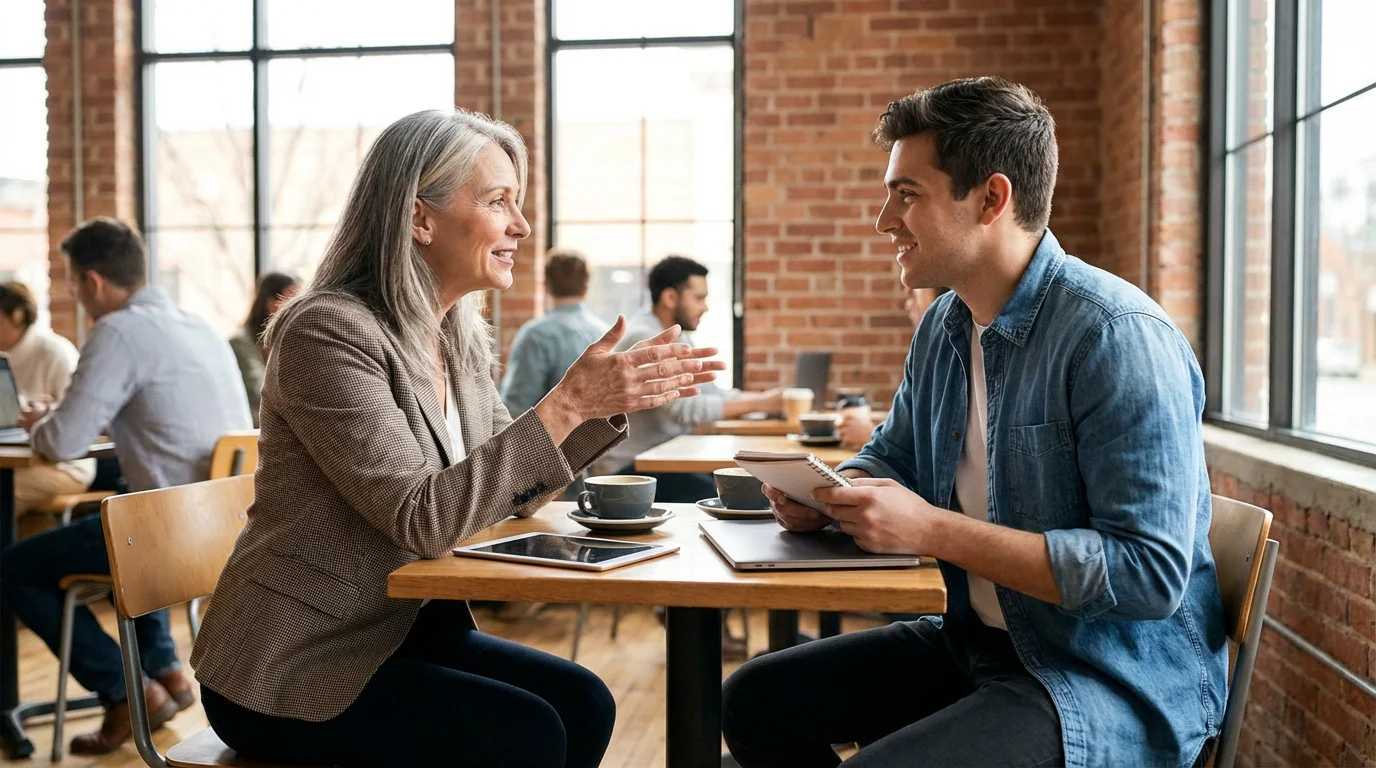 A mentor and a young professional share a thoughtful conversation over coffee.