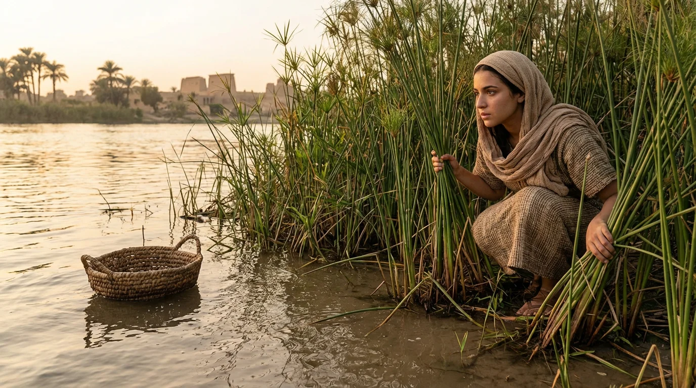 Miriam stands among reeds at the Nile, watching over a small basket.
