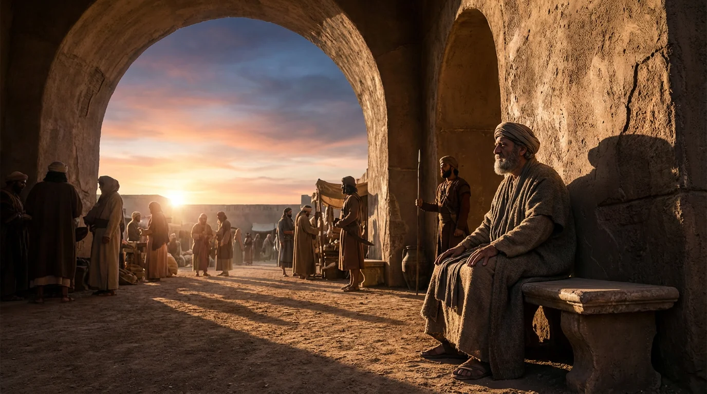 Mordecai stands watch near a Persian city gate at dawn.