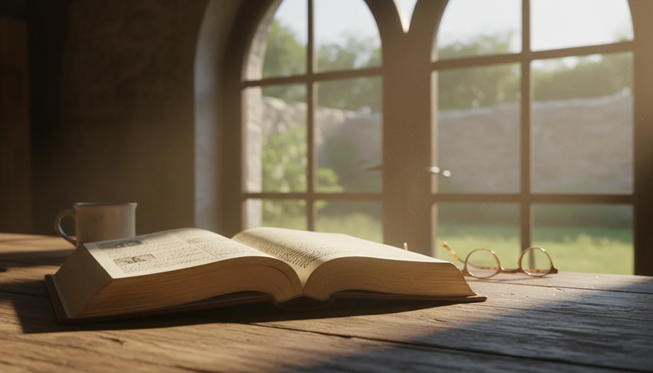 Open Bible on a wooden table by a window with a warm mug nearby.