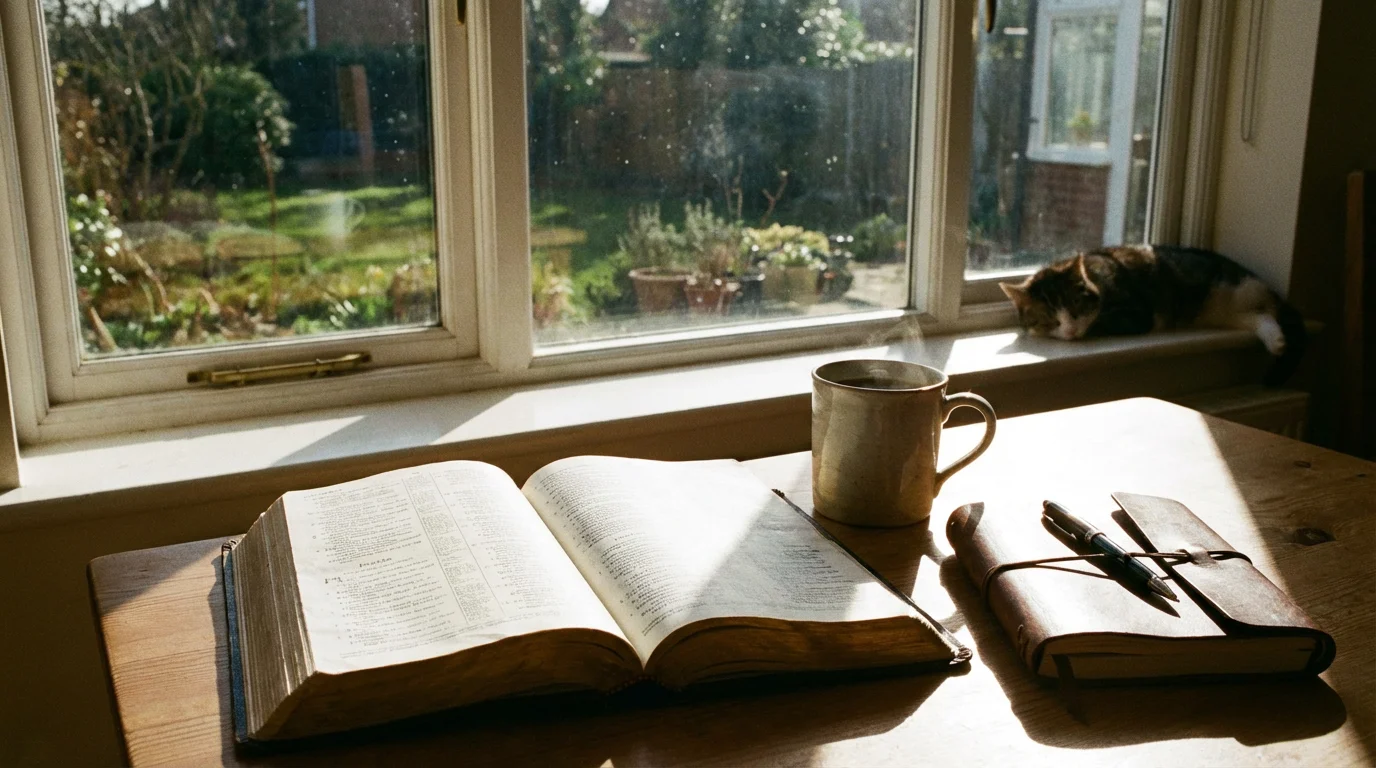 Open Bible with coffee and journal by a sunny window during a calm morning.