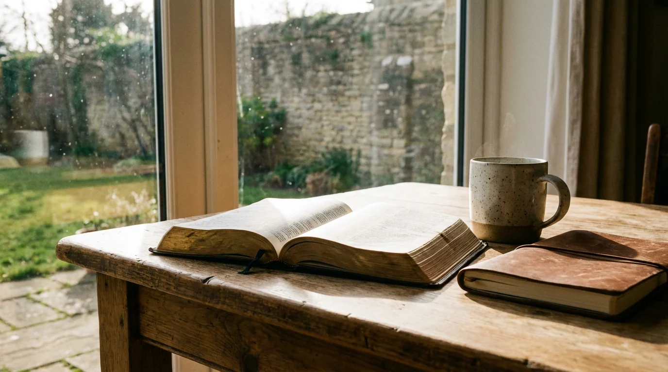 An open Bible by a sunlit window with a mug and notebook, inviting quiet study.