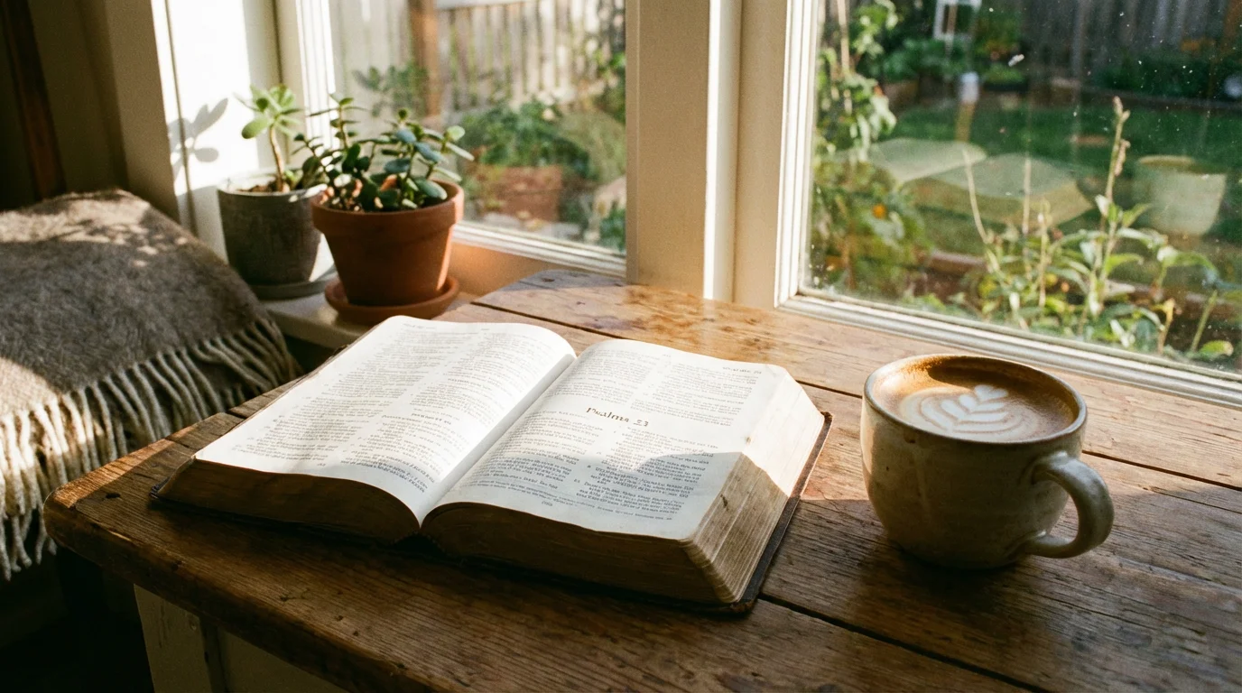An open Bible and warm coffee by a sunlit window create a calm reading moment.