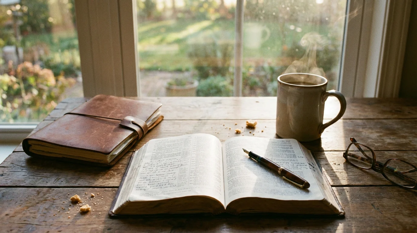 Open Bible and simple notebook with pen and coffee on a quiet morning table.