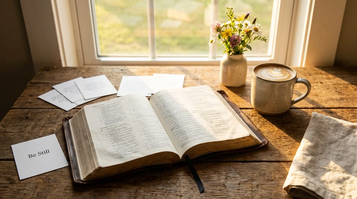 Open Bible with verse cards and coffee on a sunlit kitchen table.