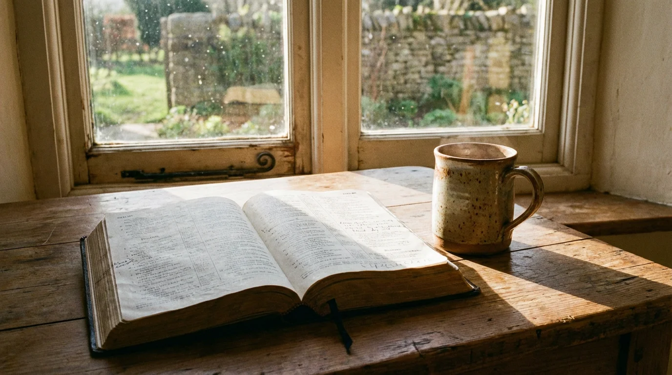 An open Bible by a sunlit window with a notebook and warm mug.