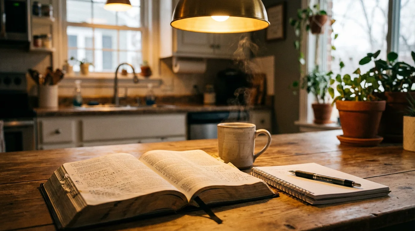 An open Bible on a kitchen table beside a warm mug and notebook.