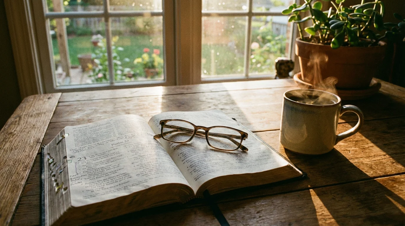 An open Bible with a warm mug on a sunlit kitchen table.