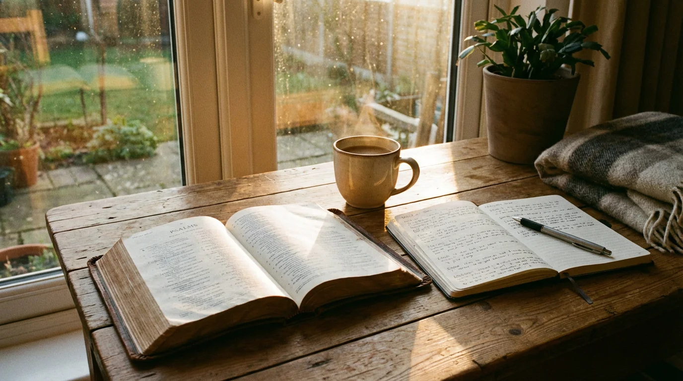 Open Bible with journal and coffee by a sunlit window.