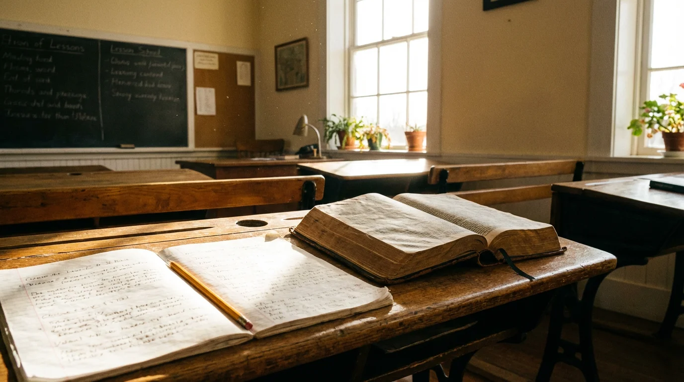 Sunlit classroom with an open Bible and notebook on the teacher’s desk.