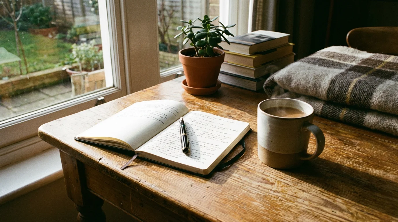 A calm morning desk scene with a notebook, coffee, and dawn light.