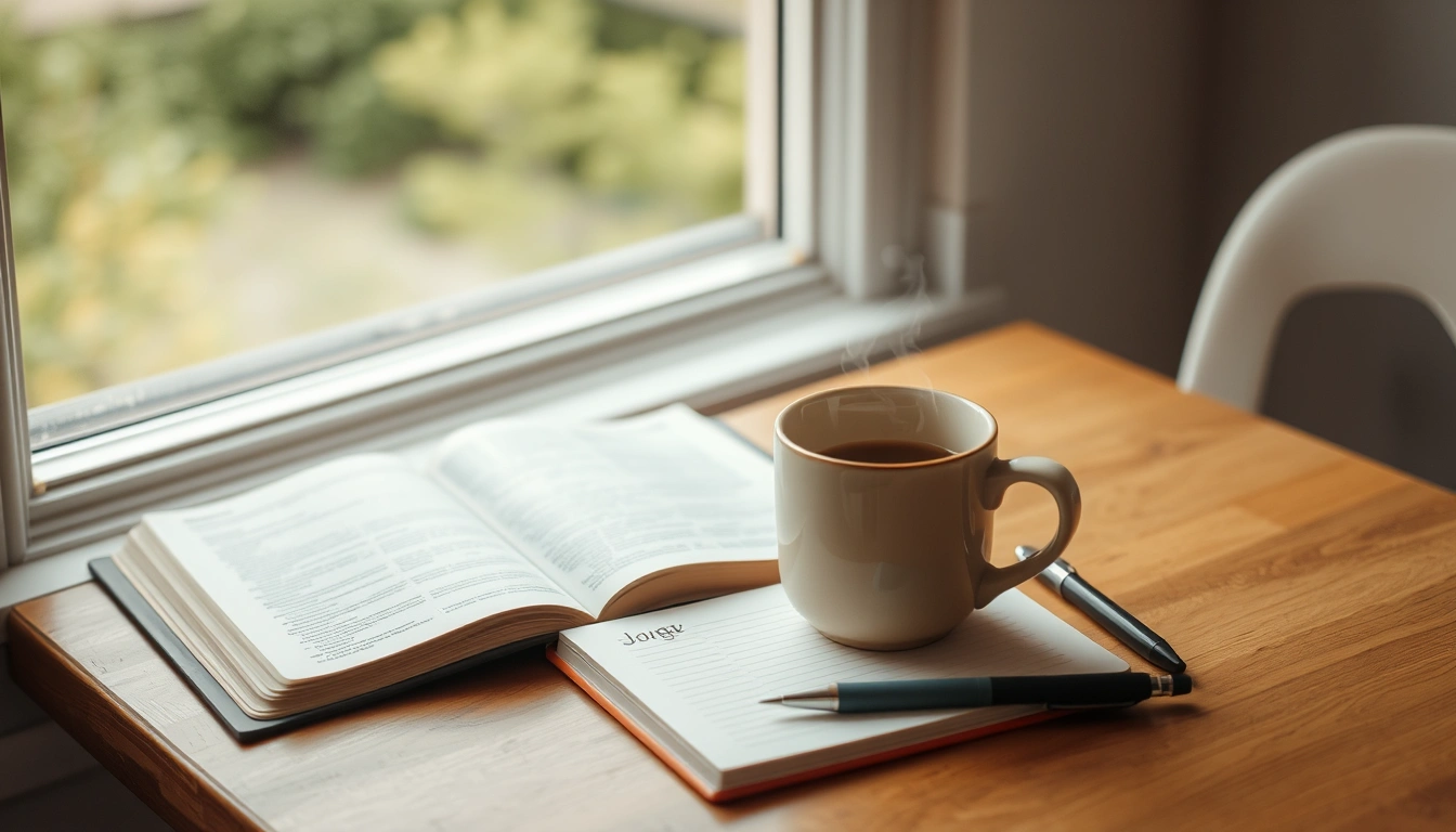 Quiet morning journaling scene with an open Bible, notebook, and mug by a window.
