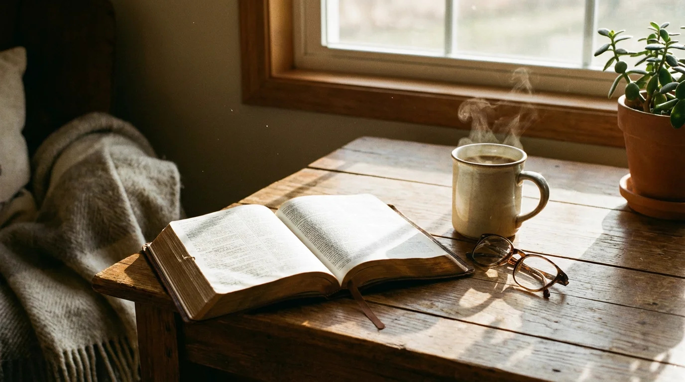 Open Bible on a sunlit table beside a warm mug, inviting quiet reflection.