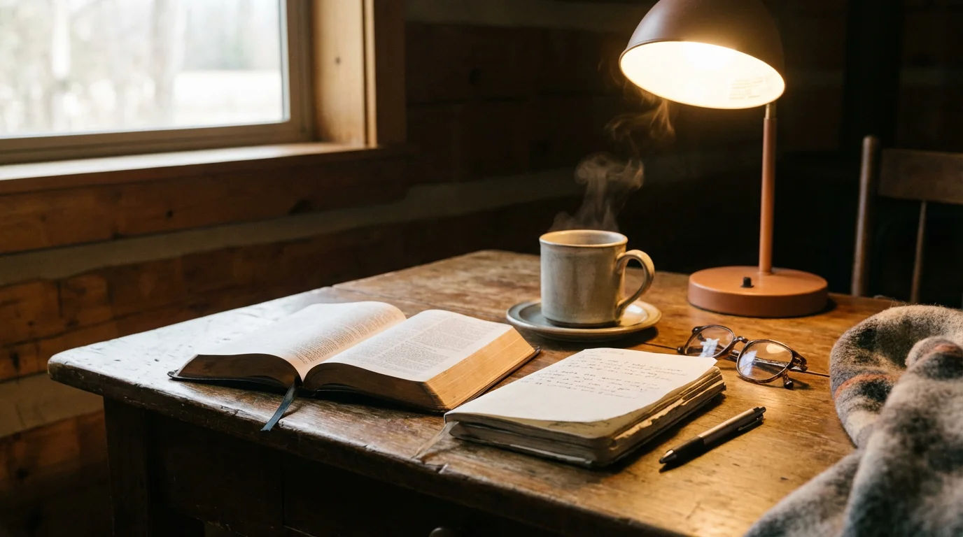 A softly lit desk with an open Bible, notebook, and warm mug inviting a calm start.