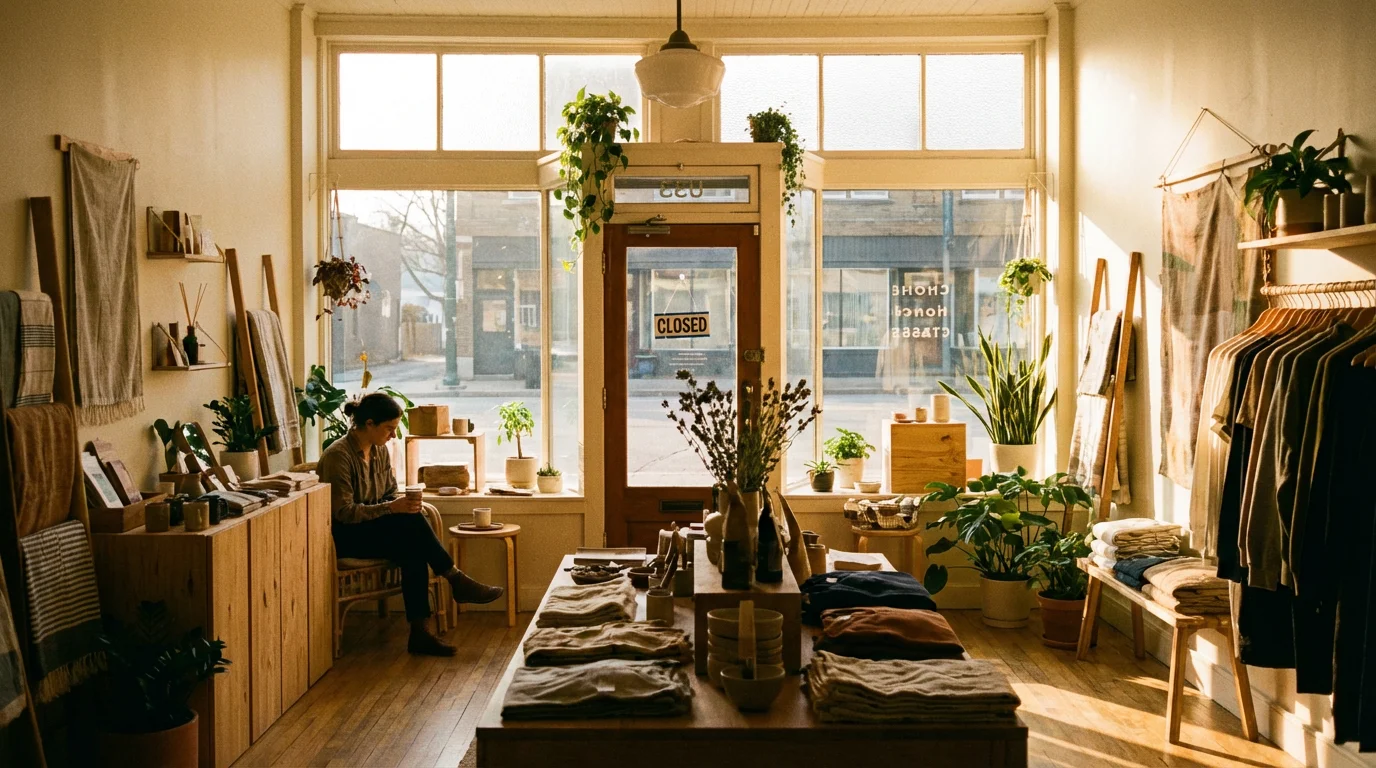 A calm retail store bathed in morning light before opening.