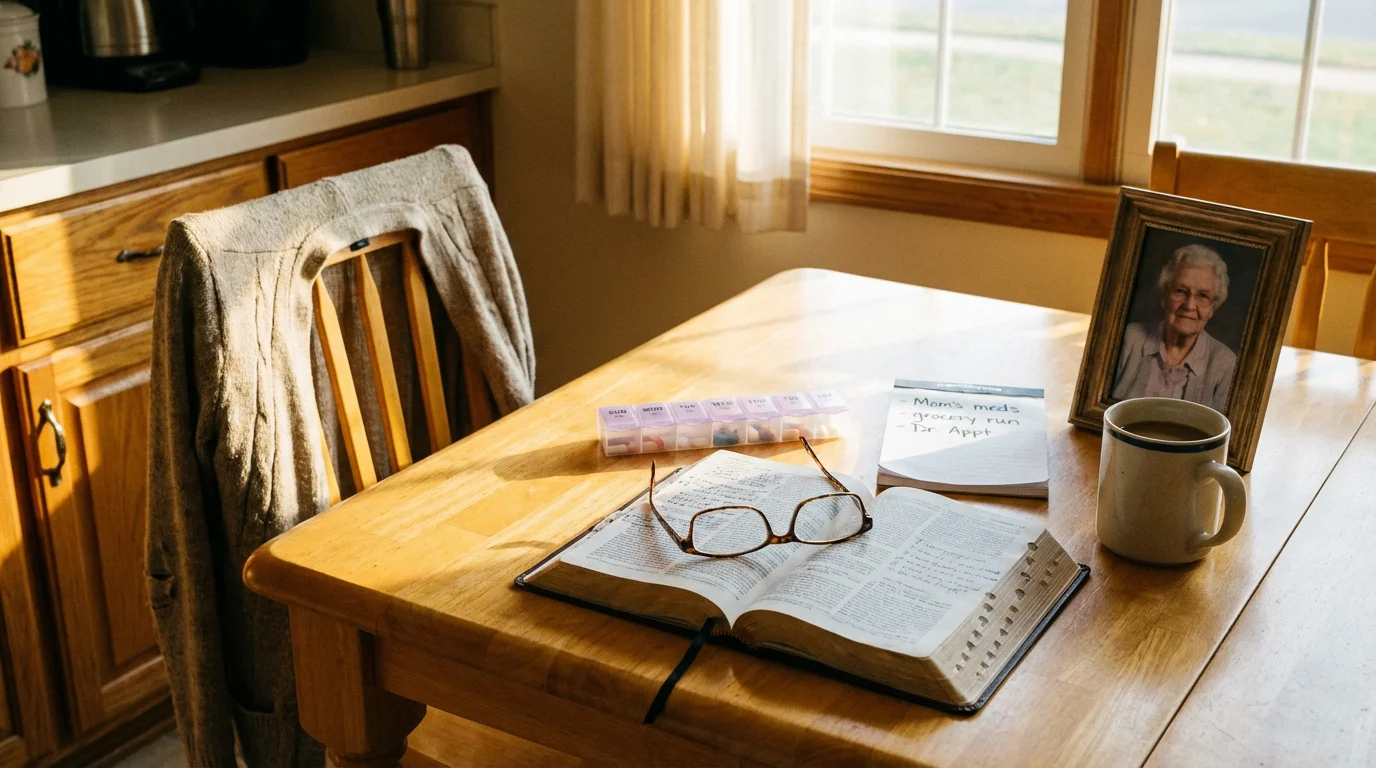 Morning light on a kitchen table with an open Bible and caregiver items.