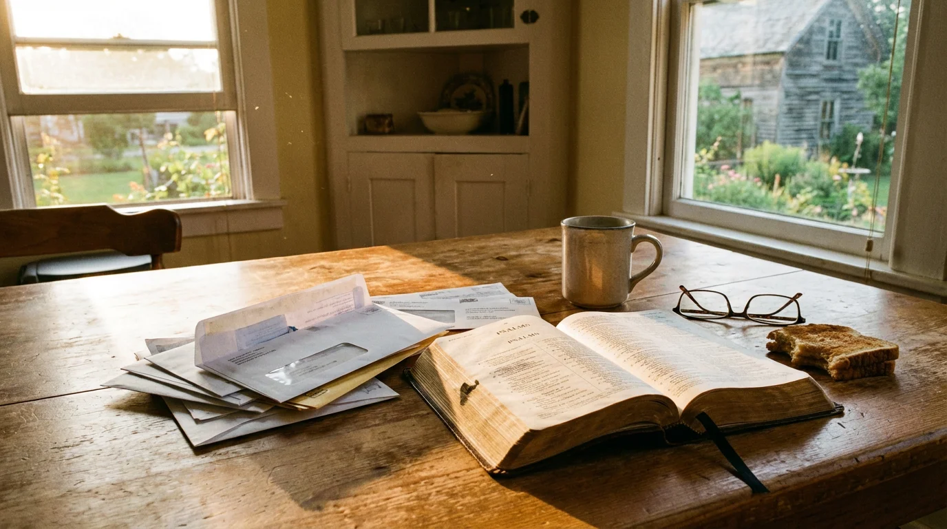 A kitchen table with bills and an open Bible in morning light.