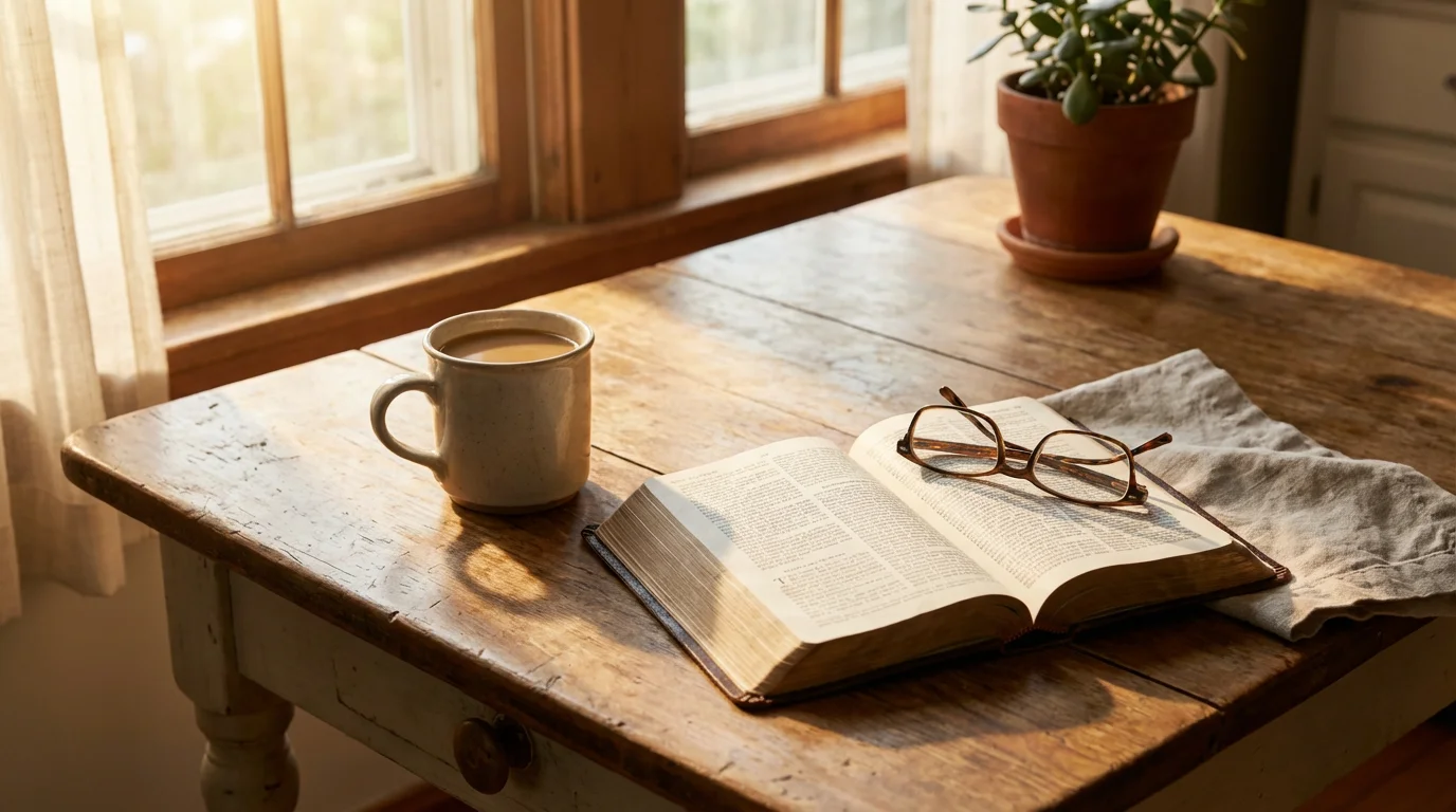 Morning light on a kitchen table with an open Bible and coffee.