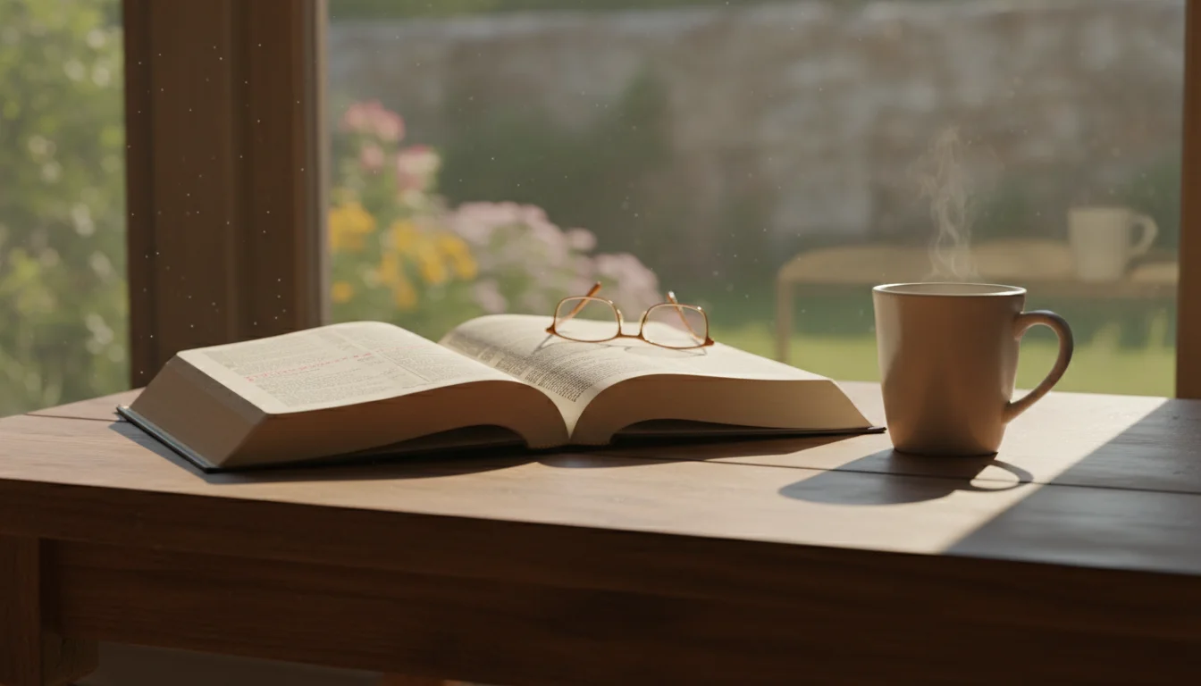 Open Bible on a sunlit kitchen table with a warm mug, inviting gratitude.