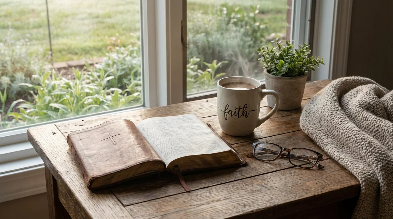 Quiet morning table with an open Bible, a mug, and soft light.