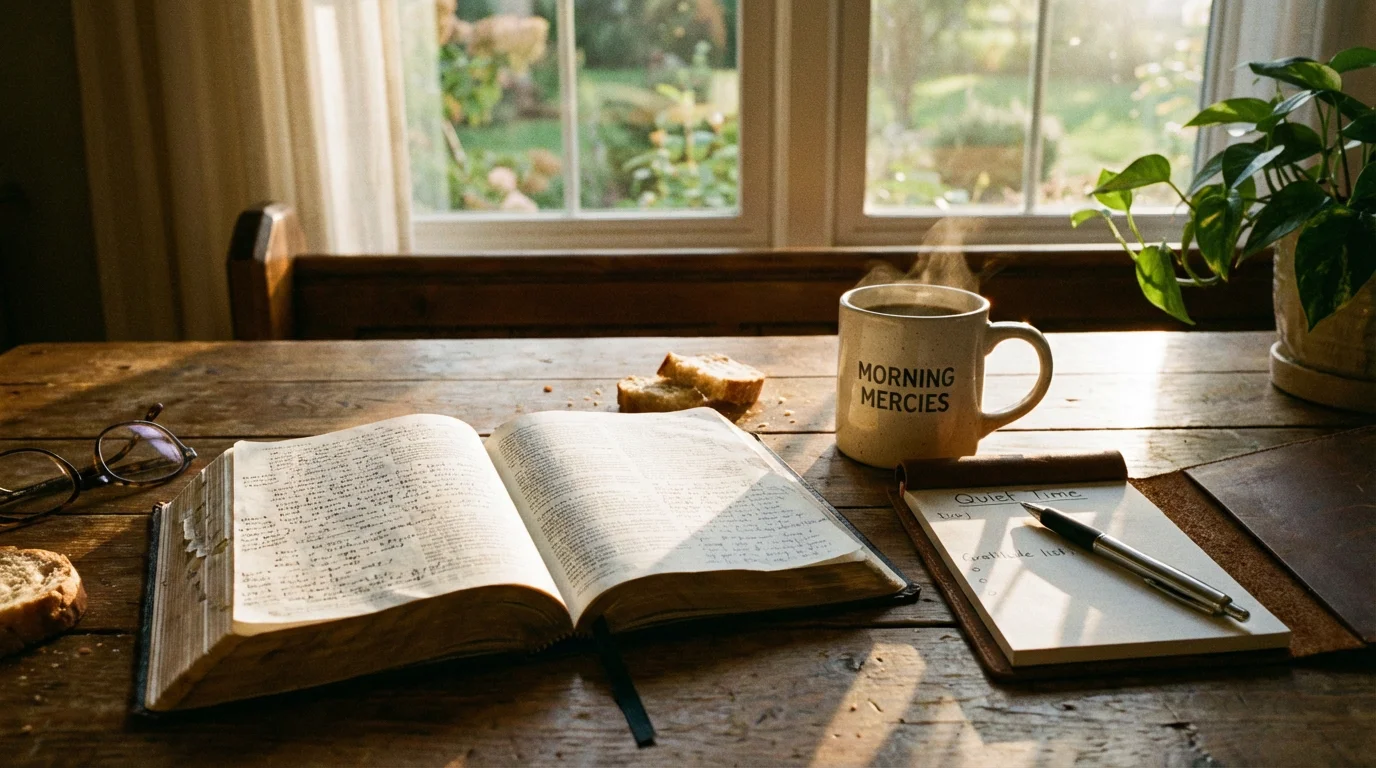 An open Bible with a mug and notepad in soft morning light.