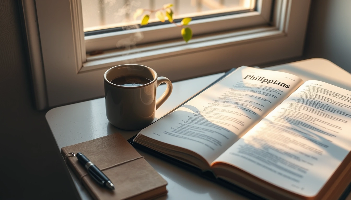 Open Bible with a steaming mug on a sunlit kitchen table.