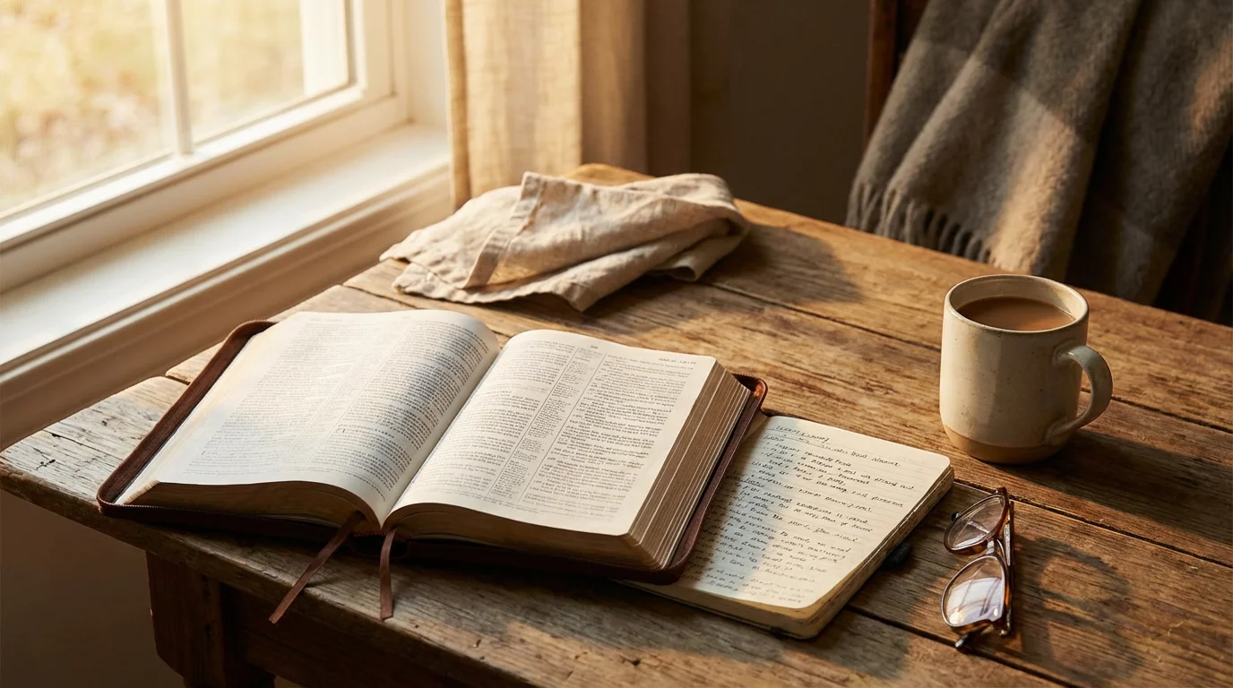 A peaceful morning setup with an open Bible, notebook, and coffee.