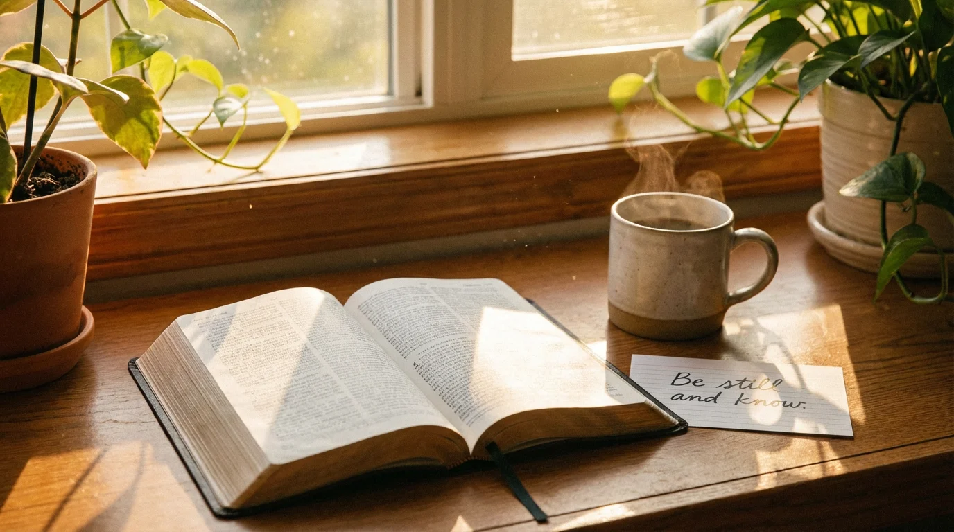 Open Bible by a sunlit window with a warm mug and notecard.