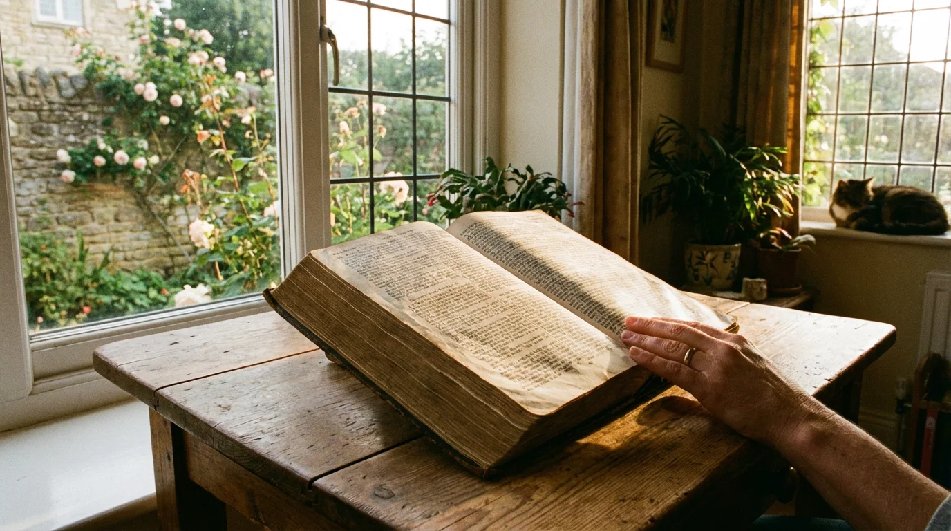 An open Bible by a sunlit window with a warm, reflective atmosphere.