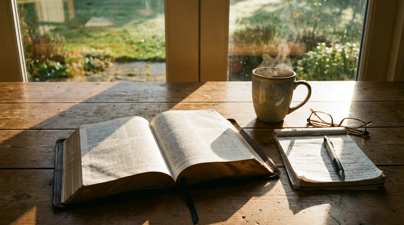 Open Bible in Matthew with morning light, a mug, and notepad nearby.