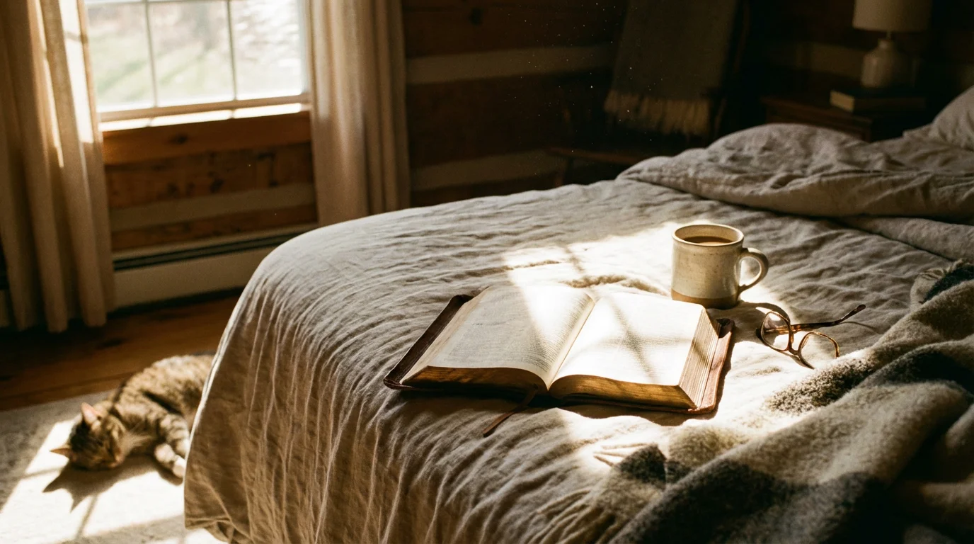 A quiet morning scene with an open Bible by a sunlit bed.