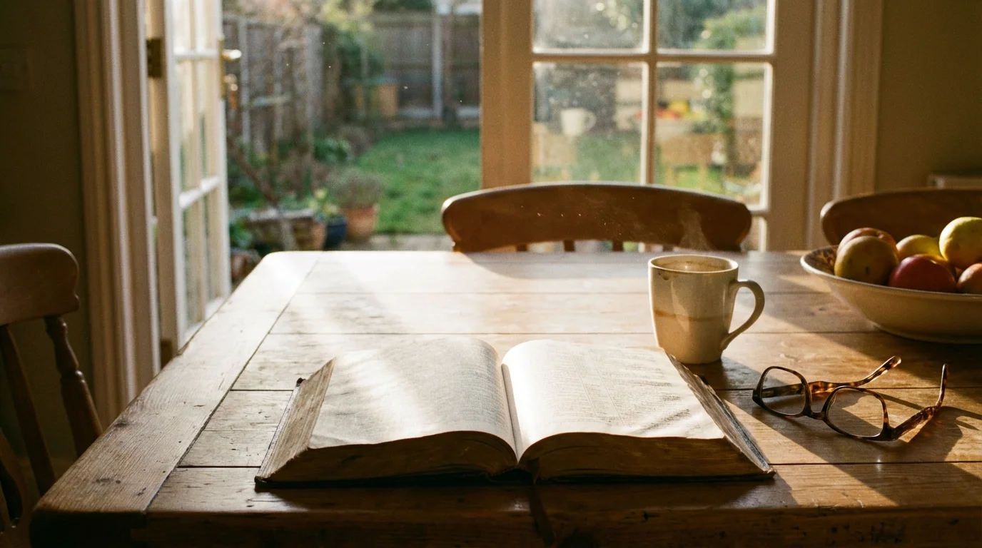 An open Bible on a sunlit kitchen table with a mug of tea, pen, and notepad.