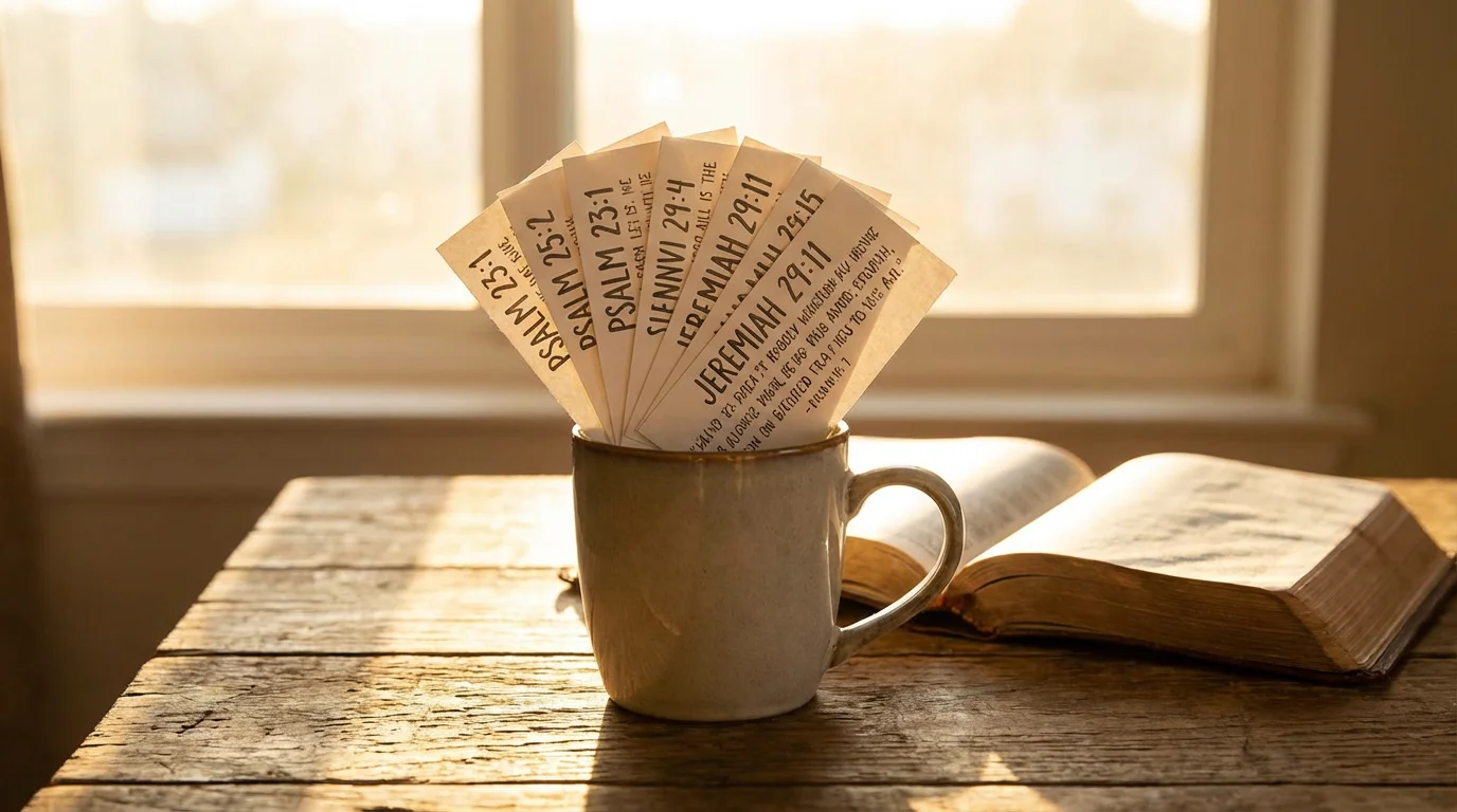 Open Bible with verse cards and a warm mug in morning light.