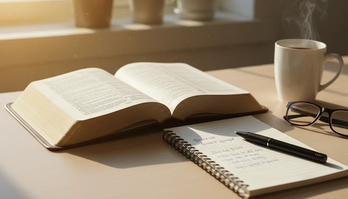 An open Bible and notebook on a sunlit desk, suggesting prayerful work.