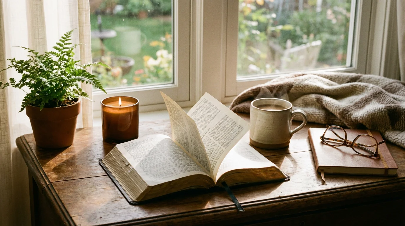 Peaceful morning desk with an open Bible, notebook, and coffee.