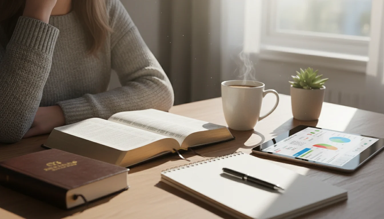 A peaceful morning budgeting scene with a Bible, notebook, and coffee.