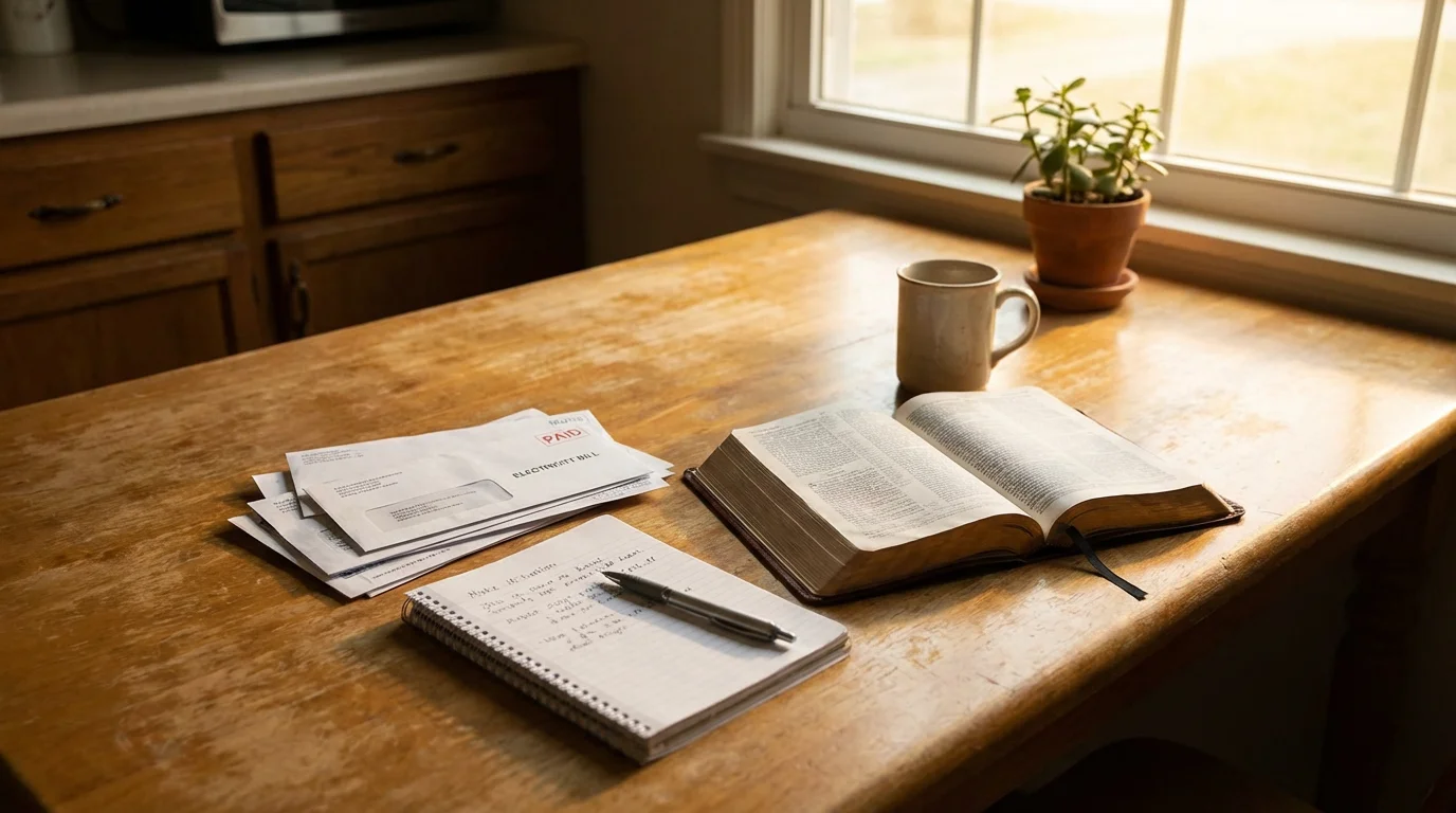 Morning light over a kitchen table with bills, a notebook, and an open Bible.