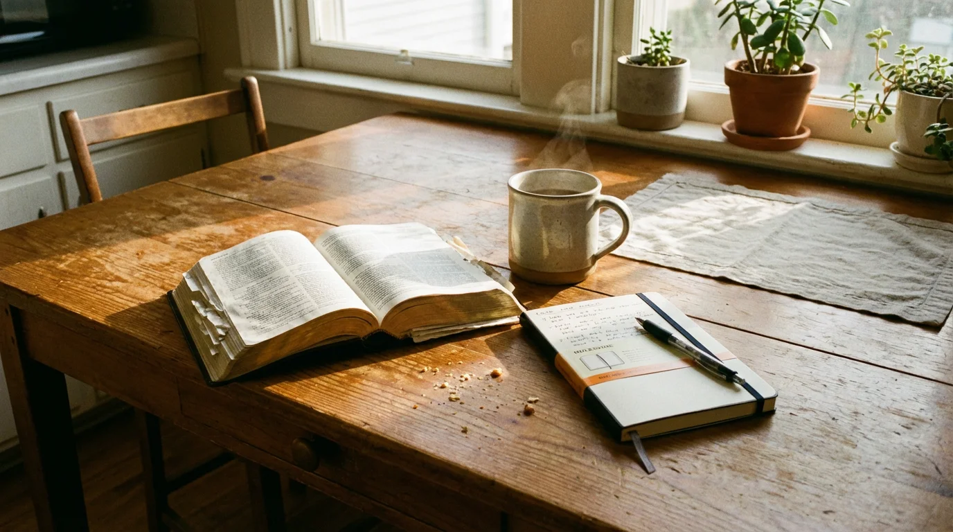 Morning light over a kitchen table with an open Bible, mug, and notebook.