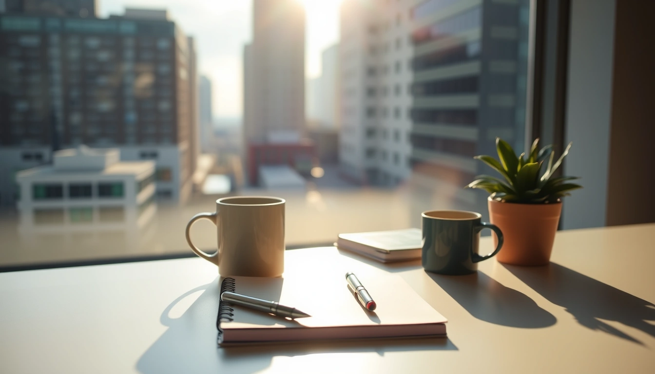 Sunlight on a tidy office desk with a notebook and coffee, suggesting calm focus.