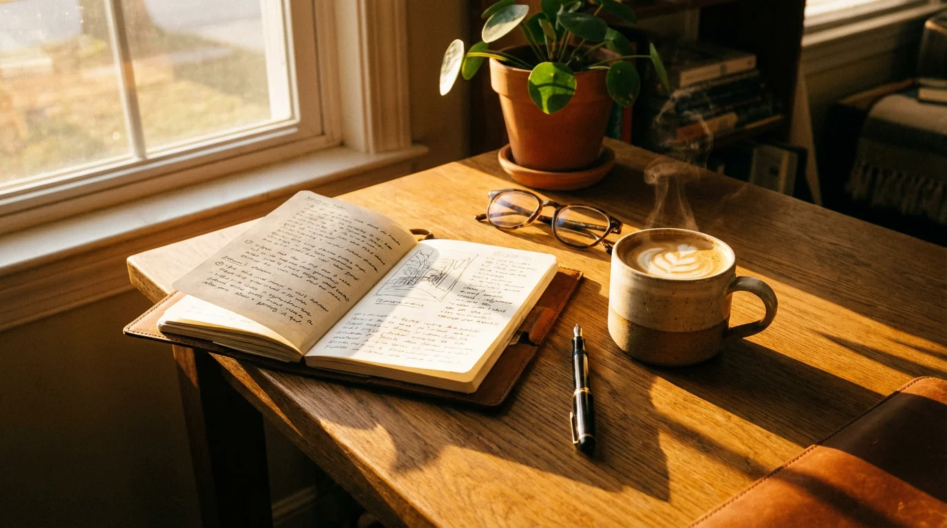 Morning light over a quiet desk with a journal and warm coffee.